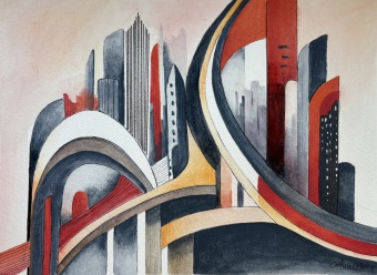 Urban Flow  No. 2 36x48cm, Technik: Aquarellfarben und Fineliner